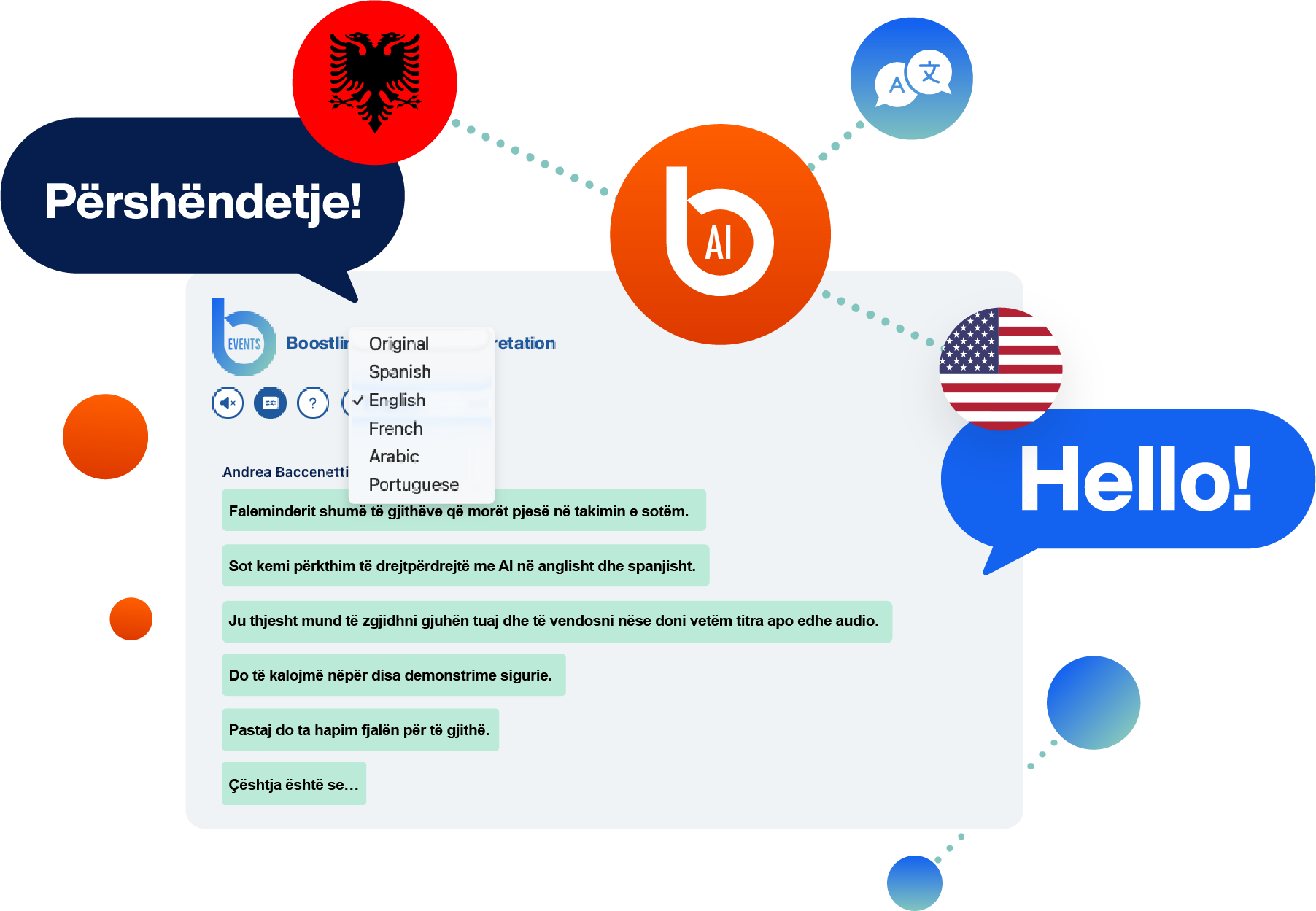 AI-powered Albanian to English live translation for meetings, showing real-time captions and multilingual language selection interface