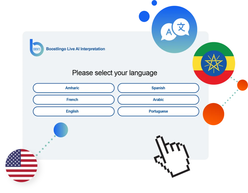 AI-powered Amharic translation interface with language selection for live multilingual meetings and real-time communication