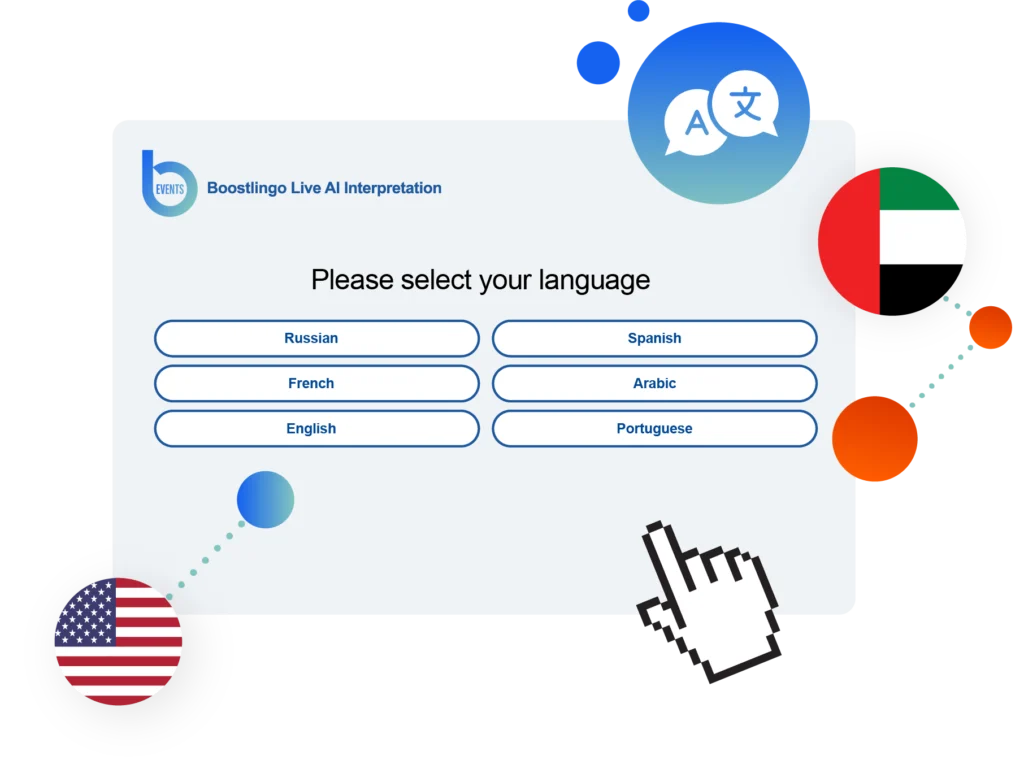 Illustration of the Boostlingo Live AI Interpretation interface displaying a “Please select your language” screen with options for Russian, Spanish, French, Arabic, English, and Portuguese. The interface is surrounded by global flags, including the United States and UAE, and multilingual speech icons, representing real-time AI-powered translation for international events and meetings.