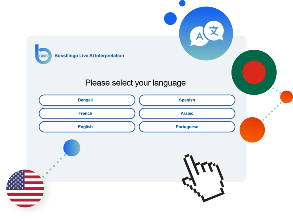 AI-powered Bengali translation interface with language selection for live multilingual meetings and real-time communication