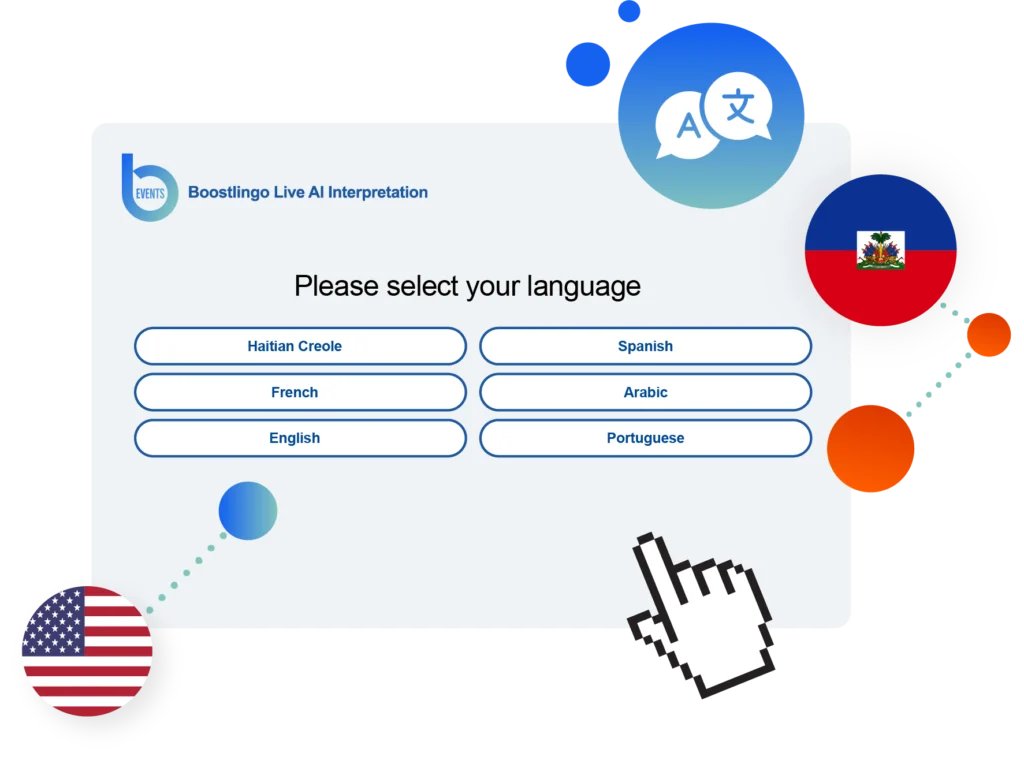 Boostlingo Live AI interpretation interface showing English and Haitian Creole language selection for real-time English to Haitian Creole translation at meetings and events.