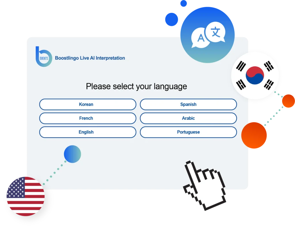AI-powered Korean translation interface with language selection for live multilingual meetings and real-time communication