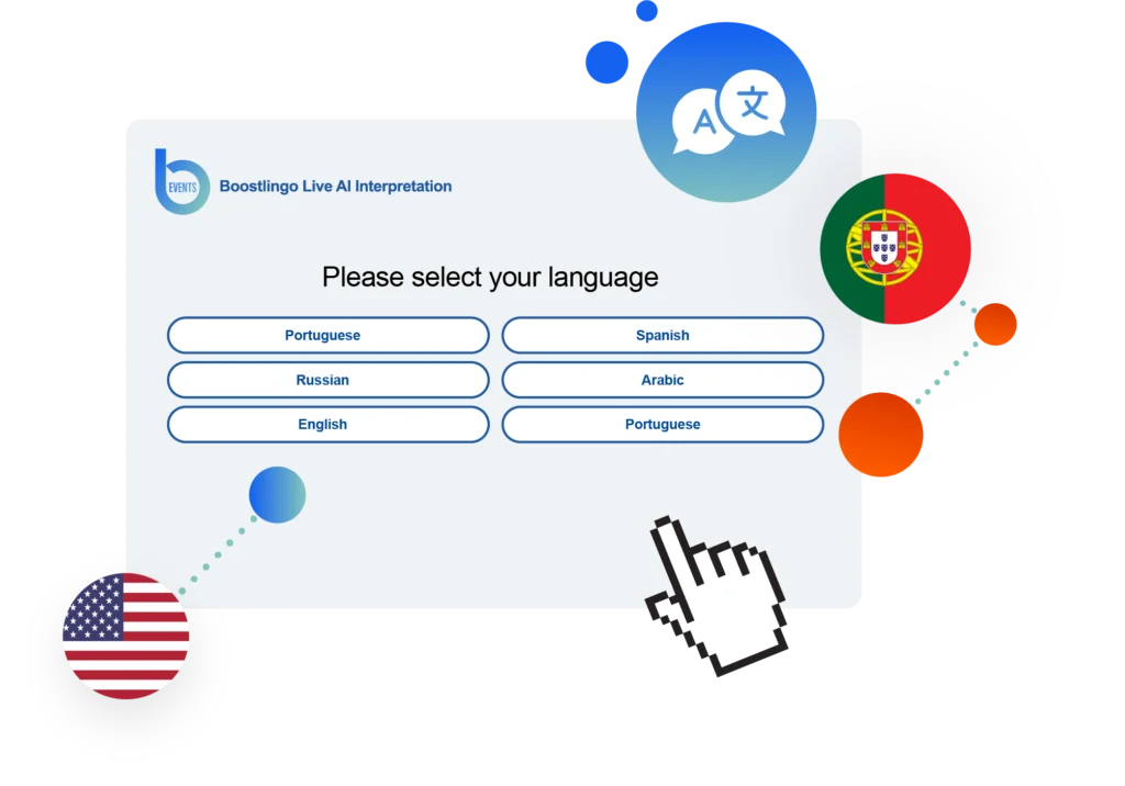 Interface illustration of Boostlingo Live AI Interpretation with a language selection screen offering Portuguese, Spanish, Russian, Arabic, and English options.
