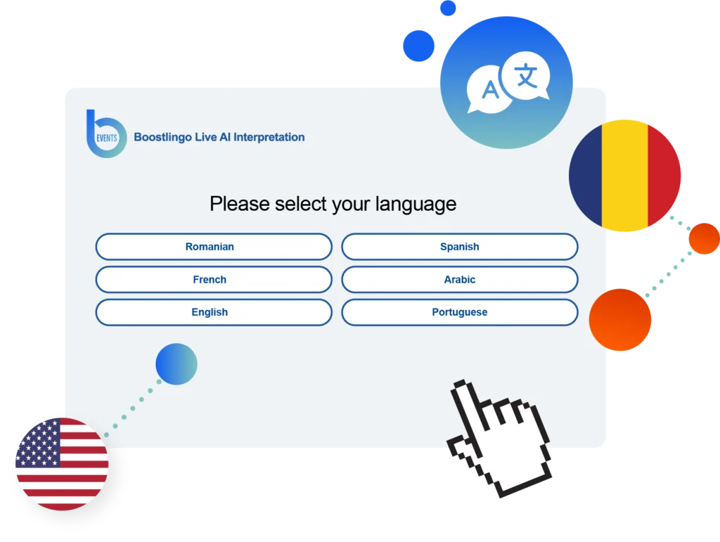 AI-powered Romanian translation interface with language selection for live multilingual meetings and real-time communication