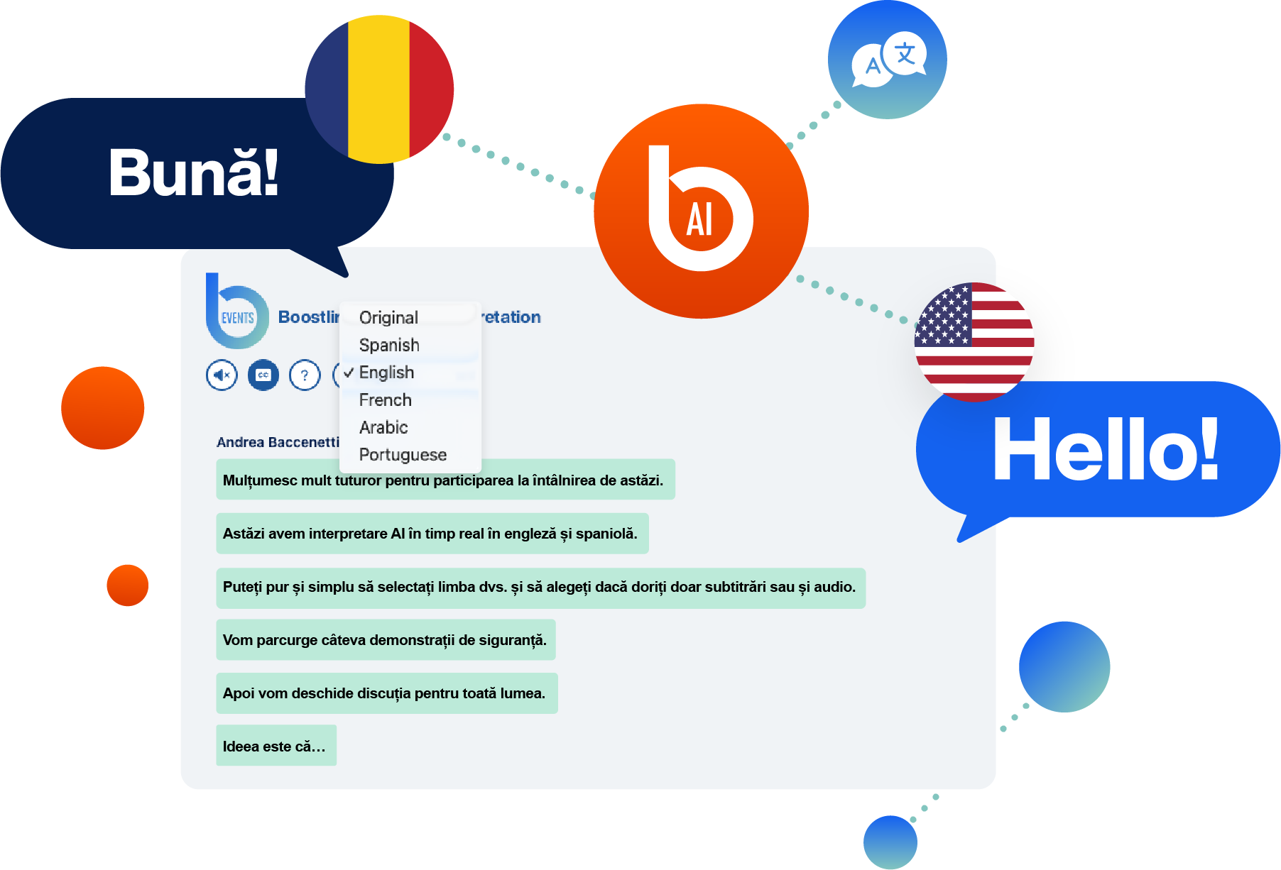 AI-powered Romanian to English live translation for meetings, showing real-time captions and multilingual language selection interface