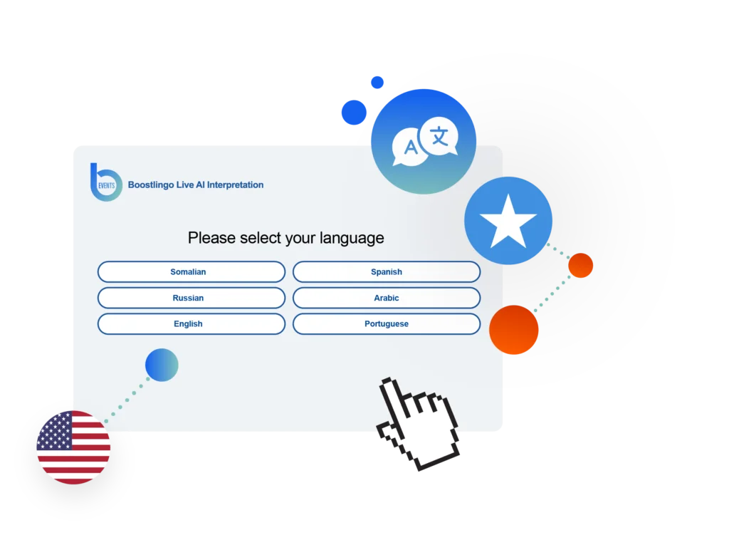 Boostlingo Live AI translation interface showing English and Somali language selection for real-time English to Somali translation at meetings and events.
