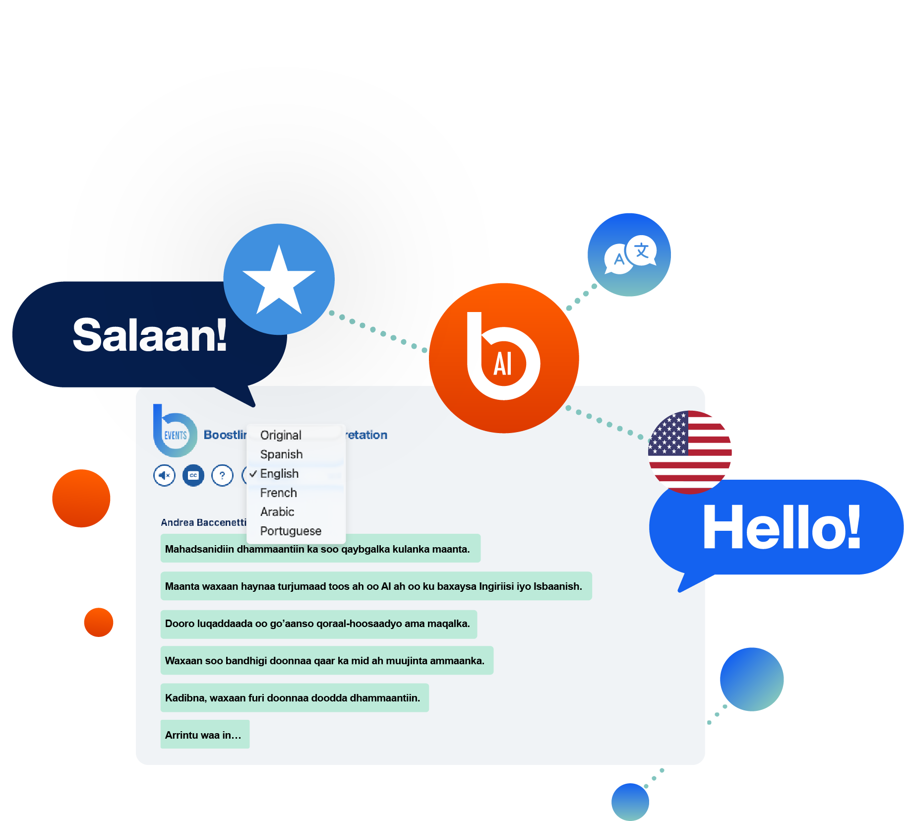 Boostlingo Live AI Translation interface displaying real-time multilingual captions with English and Somali translation, featuring speech bubbles with U.S. and Somali flags and options for language selection, audio, and captions for virtual events.