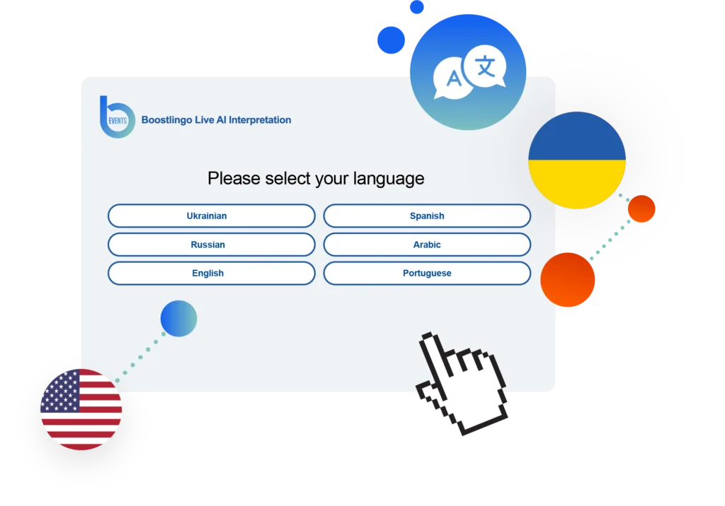 Interface illustration of Boostlingo Live AI Interpretation with a language selection screen featuring Ukrainian, Spanish, Russian, Arabic, English, and Portuguese options.