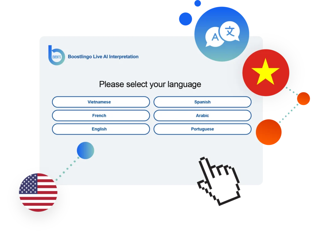 Interface illustration of Boostlingo Live AI Interpretation with a language selection screen featuring Vietnamese, Spanish, French, Arabic, English, and Portuguese options.