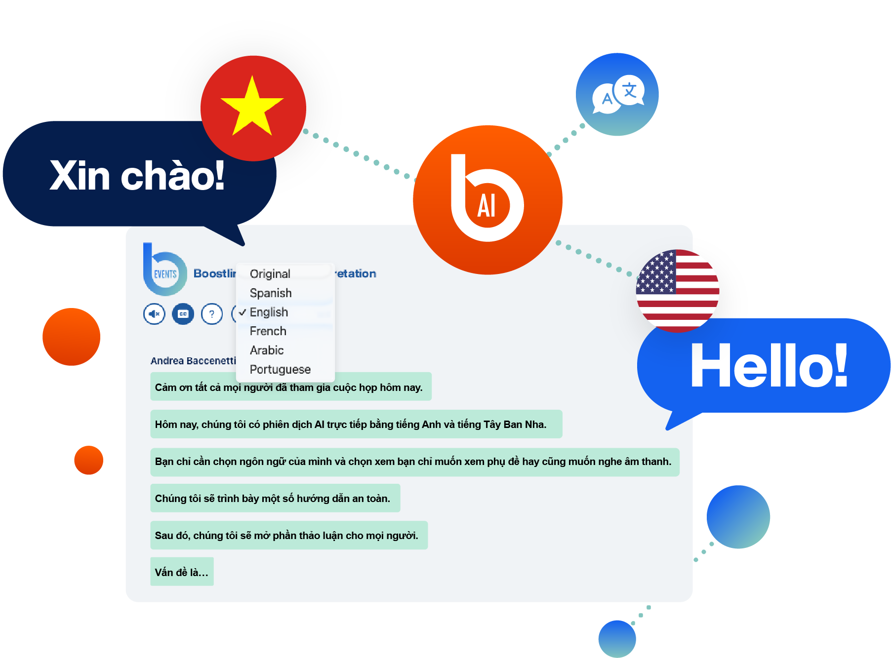 Illustration of Vietnamese speech (“Xin chào!”) being translated by AI into English during a live multilingual meeting with language selection options displayed.