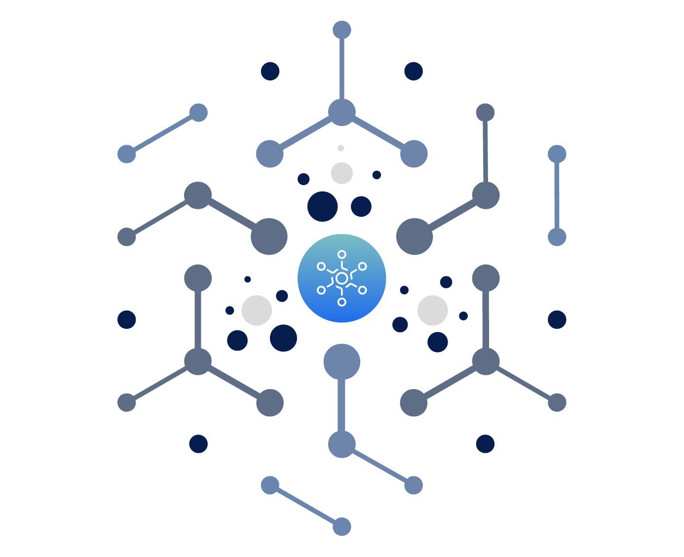 Abstract network illustration with interconnected nodes surrounding a central blue hub, representing a connected interpreter ecosystem.