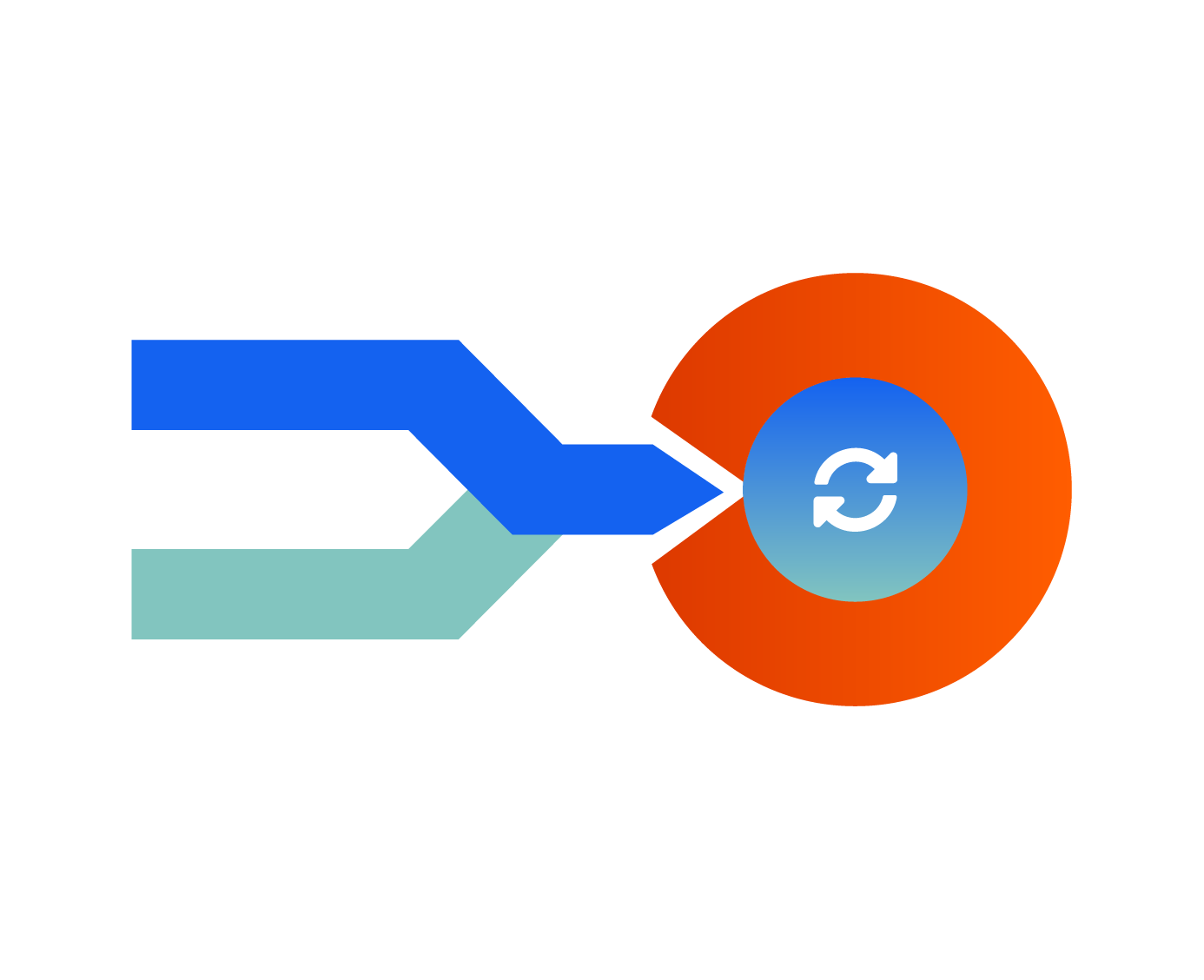 Graphic showing connected systems flowing into a circular sync icon, representing seamless integrations and automated data exchange.