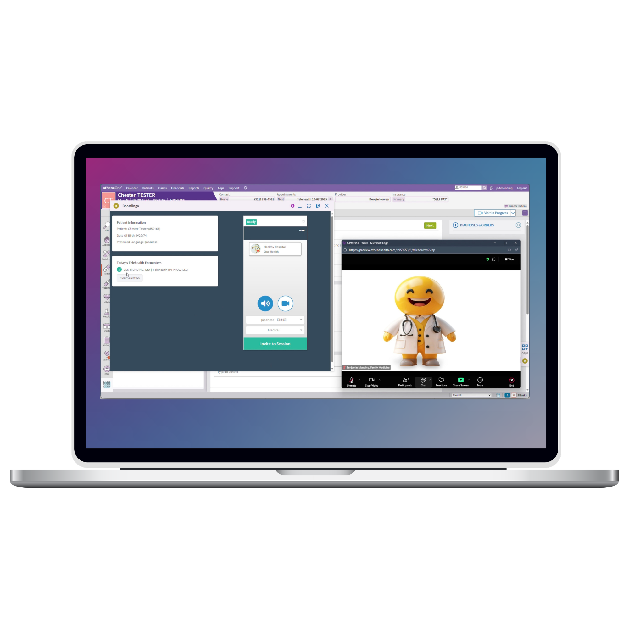 athenaTelehealth with Boostlingo interpreter caller interface on Mac laptop