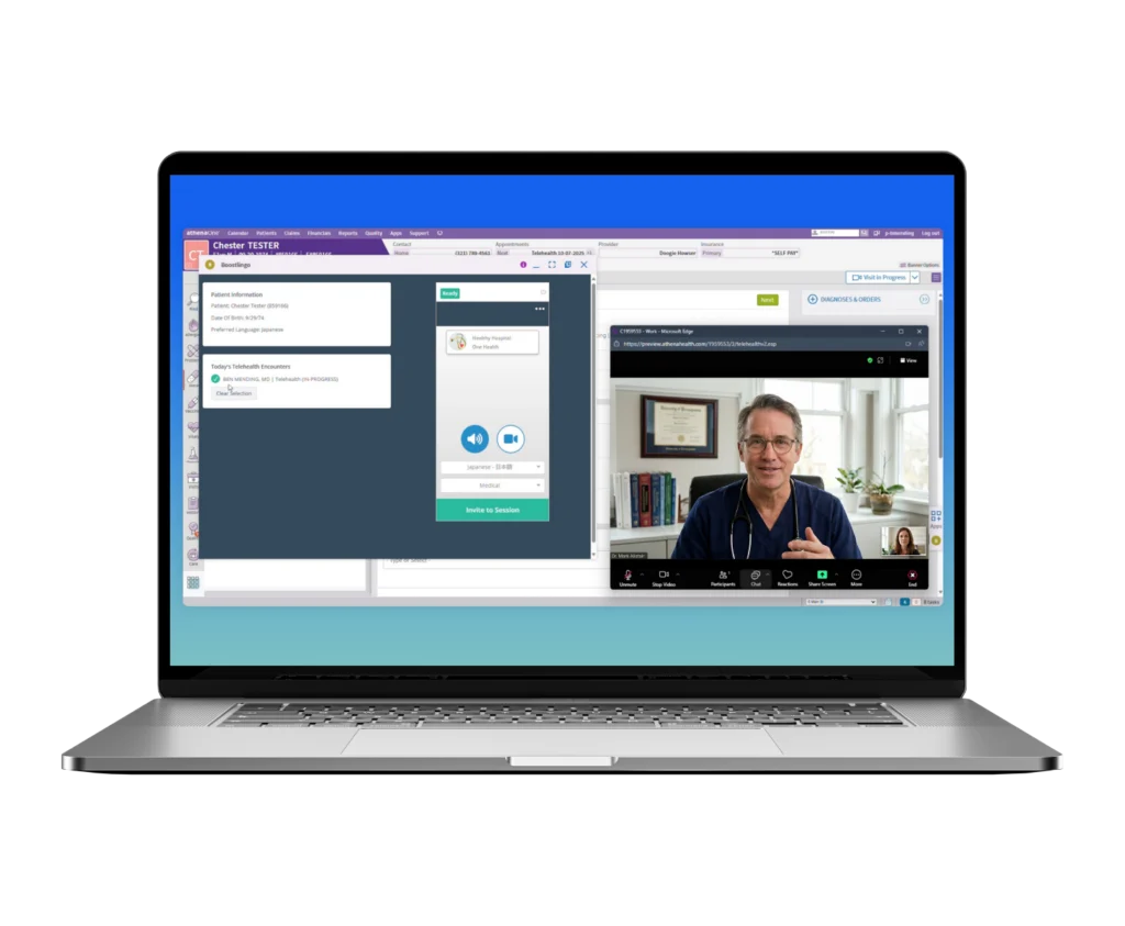 athenaTelehealth with Boostlingo interpreter caller interface on Mac laptop