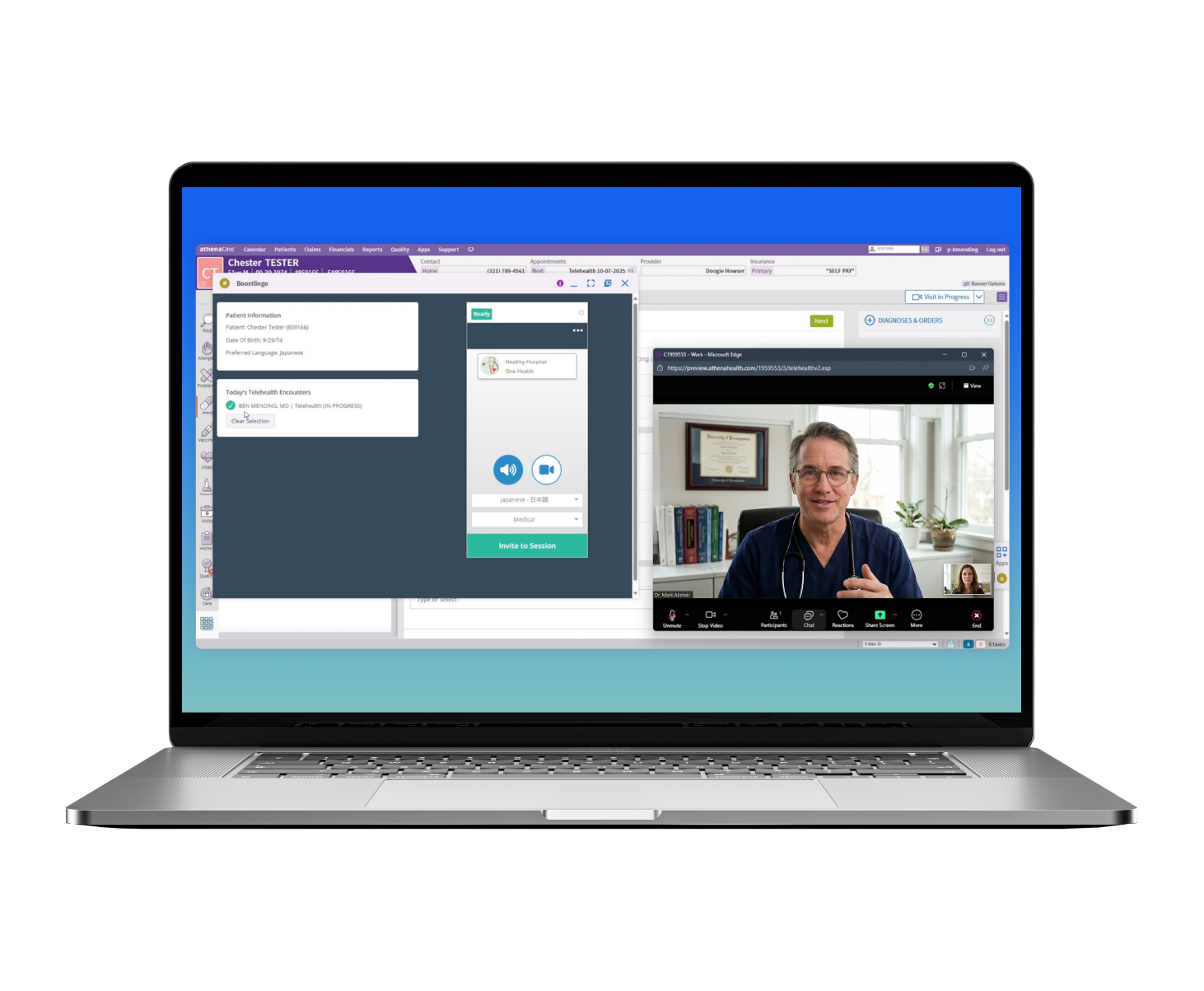athenaTelehealth with Boostlingo interpreter caller interface on Mac laptop
