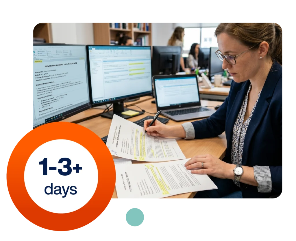 Healthcare document translation graphic showing a reviewer comparing medical documents at a desk, with Spanish patient records on screen and a “1–3+ days” turnaround badge.