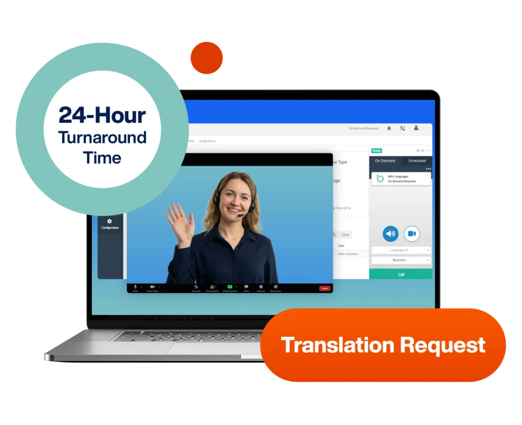 Graphic of a healthcare translation request workflow showing a laptop dashboard, video interpreter, “24-Hour Turnaround Time” badge, and “Translation Request” banner.