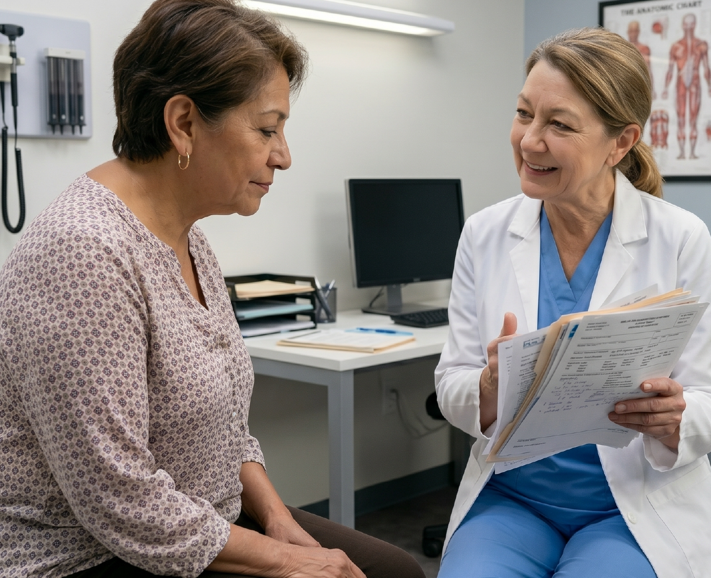 Doctor reviewing paperwork with a patient during an appointment, representing healthcare translation services and medical document translation support.