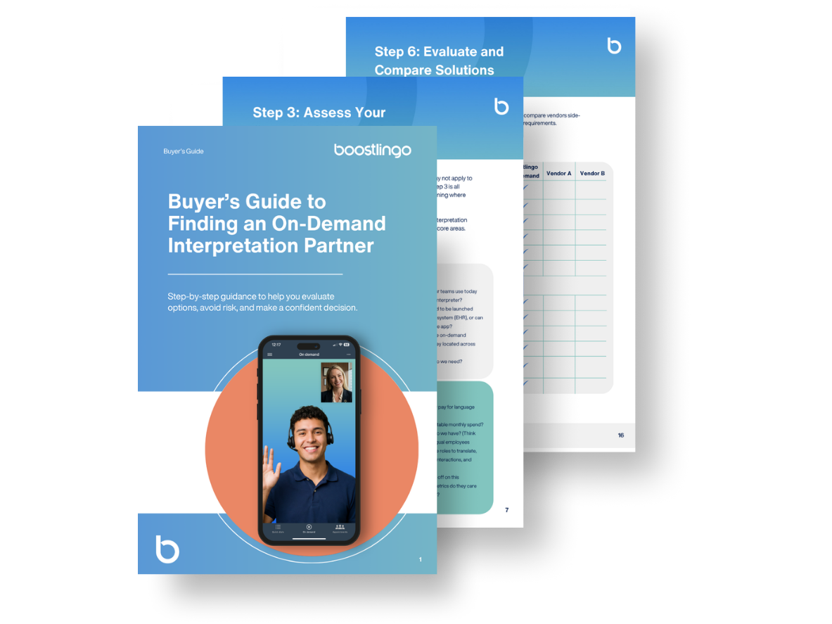 Cover and interior pages of Boostlingo’s Buyer’s Guide to Finding an On-Demand Interpretation Partner, featuring a mobile video interpreting app and solution evaluation checklist.