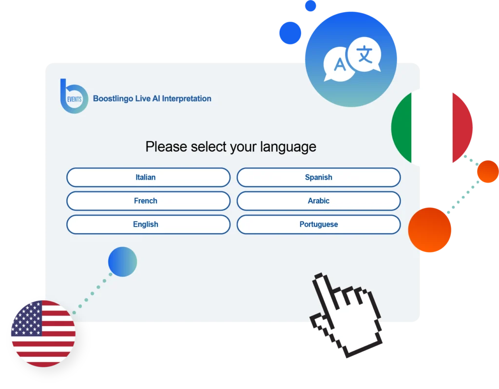 AI-powered Italian translation interface with language selection for live multilingual meetings and real-time communication