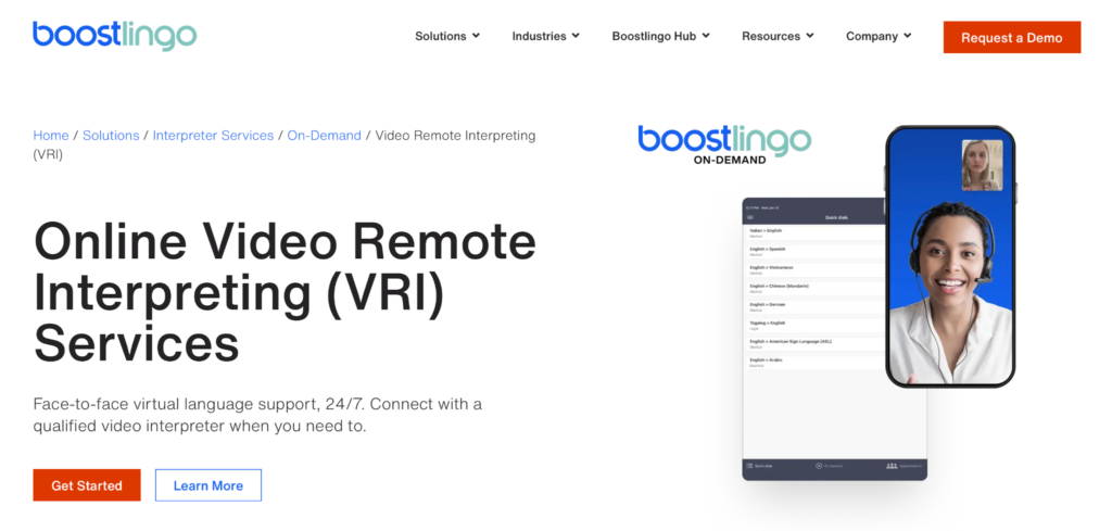 Boostlingo on-demand Video Remote Interpreting (VRI) platform, showing a live video interpreter on a mobile device for real-time multilingual communication