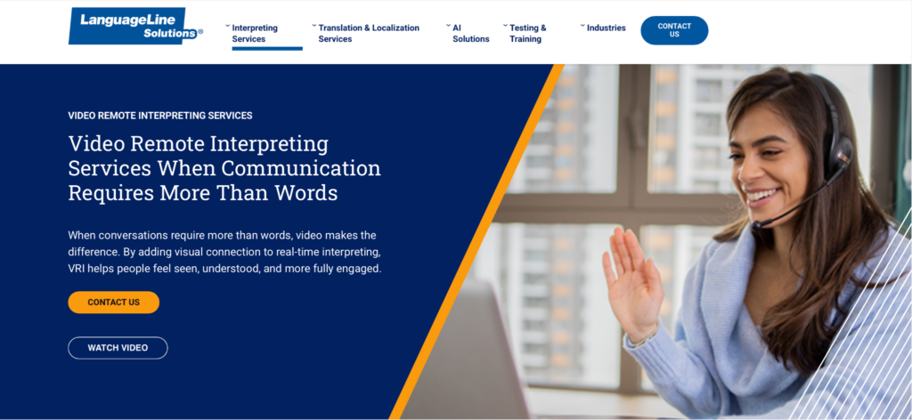 LanguageLine Solutions Video Remote Interpreting (VRI) services, featuring a headset-wearing interpreter providing real-time video-based language support on a laptop