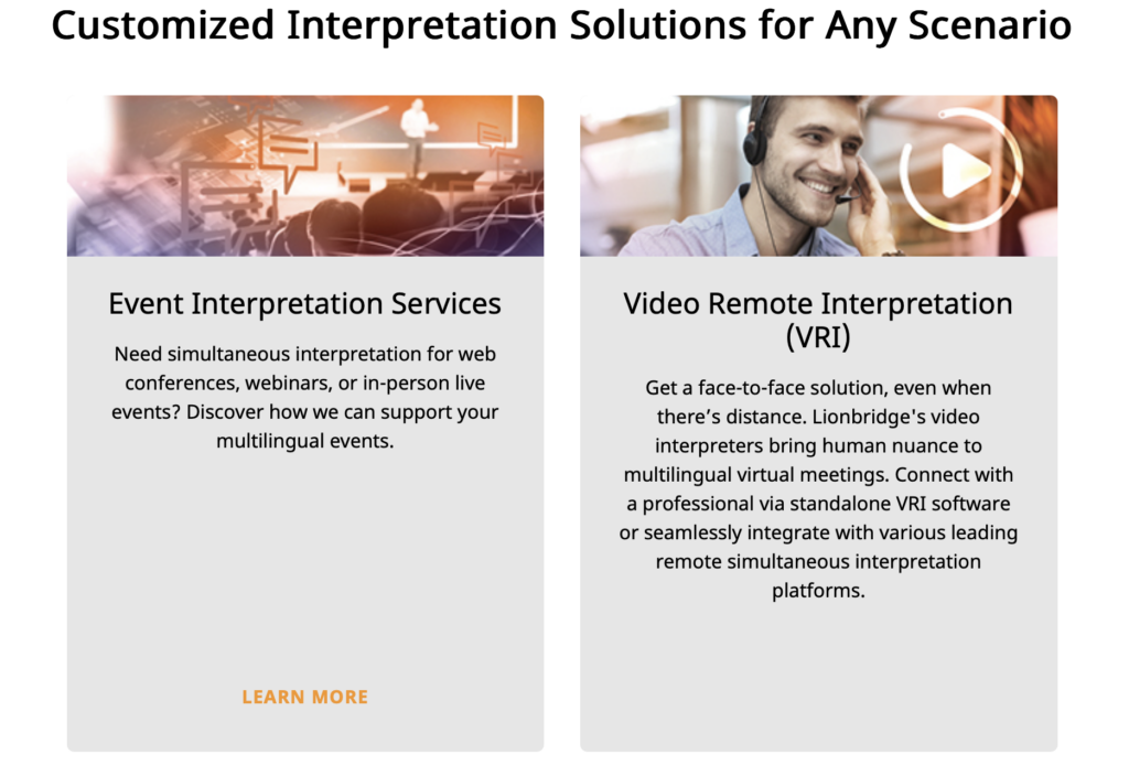Lionbridge Video Remote Interpreting (VRI) services, highlighting virtual interpreting solutions for multilingual meetings and events across remote platforms
