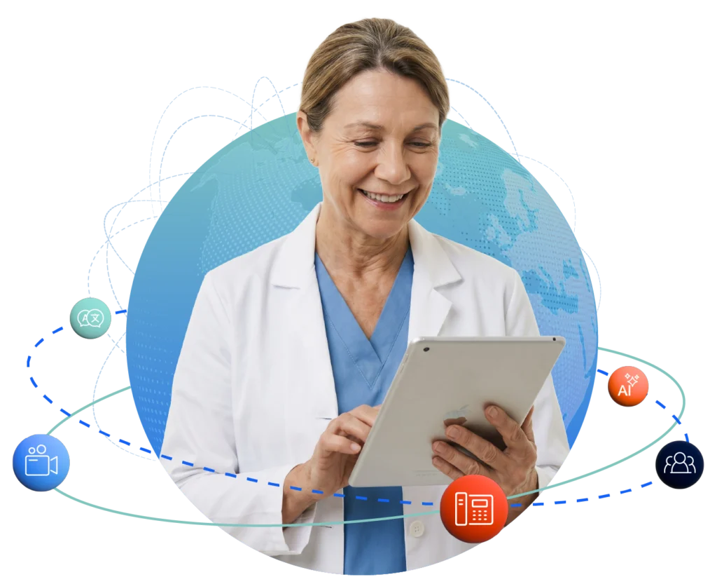 Healthcare professional using a tablet surrounded by AI, video remote interpreting, and phone interpreting and other icons, illustrating trends in interpreting technology and digital language access for the State of Interpreting Technology report.