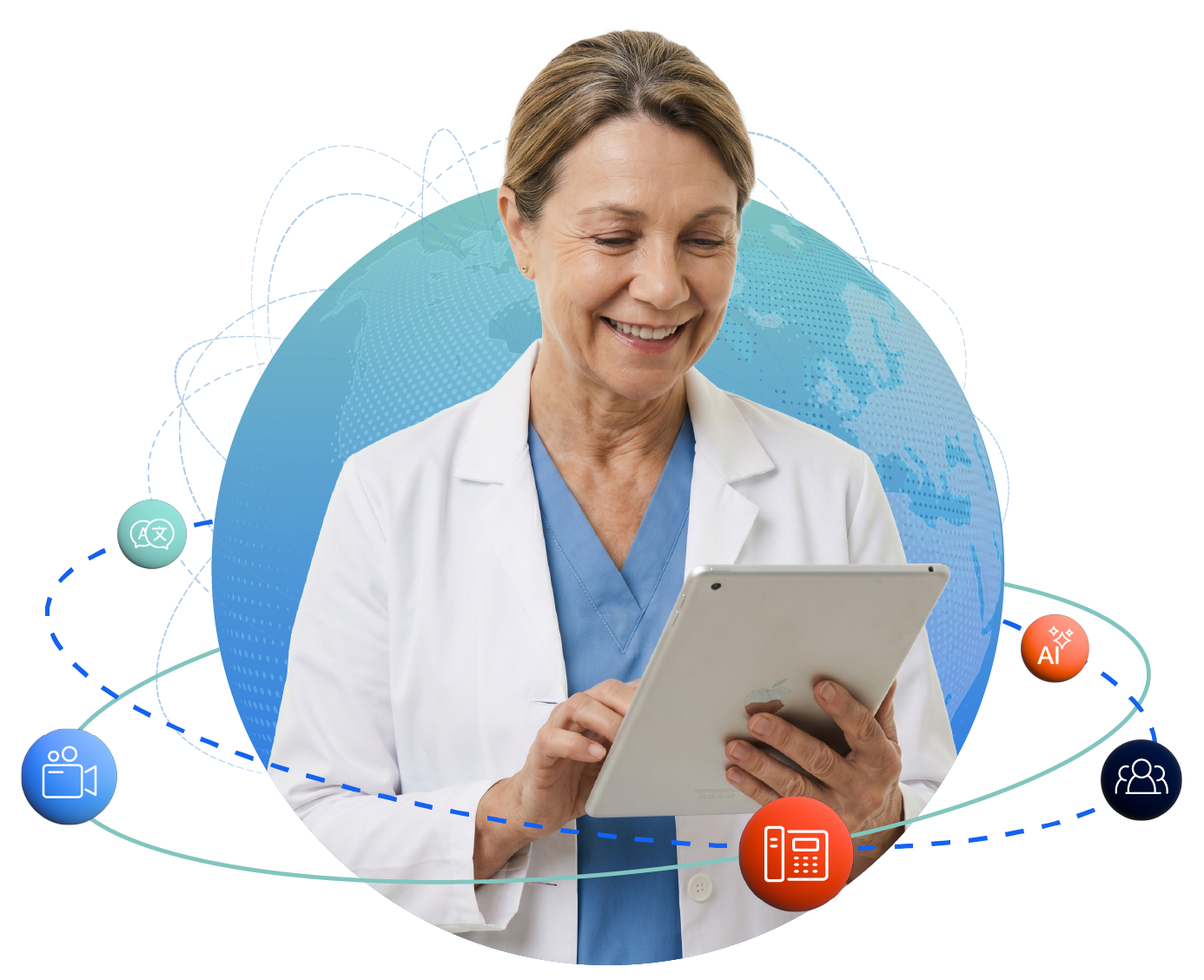 Healthcare professional using a tablet surrounded by AI, video remote interpreting, and phone interpreting and other icons, illustrating trends in interpreting technology and digital language access for the State of Interpreting Technology report.