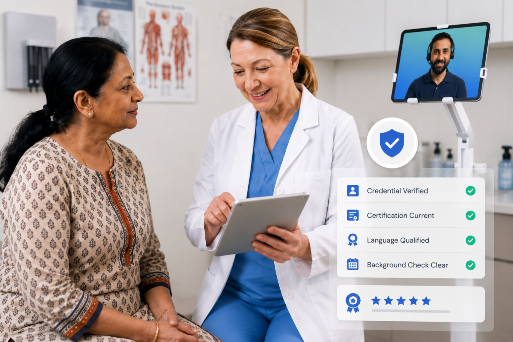 Healthcare provider reviews interpreter credential information on a tablet with a patient while a remote interpreter joins by video.