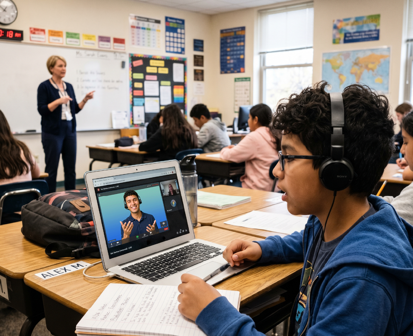 Student using video interpretation tools for education during a classroom lesson with remote interpreter support on a laptop.