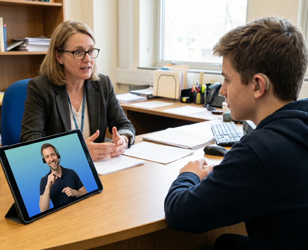 Student using ASL interpreting on a tablet during a meeting with a school staff member.