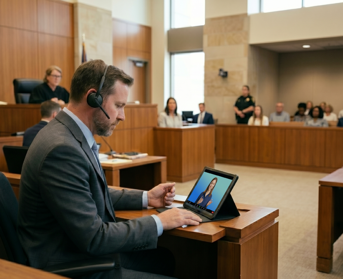 Court professional uses video remote interpreting to support language access in a government hearing