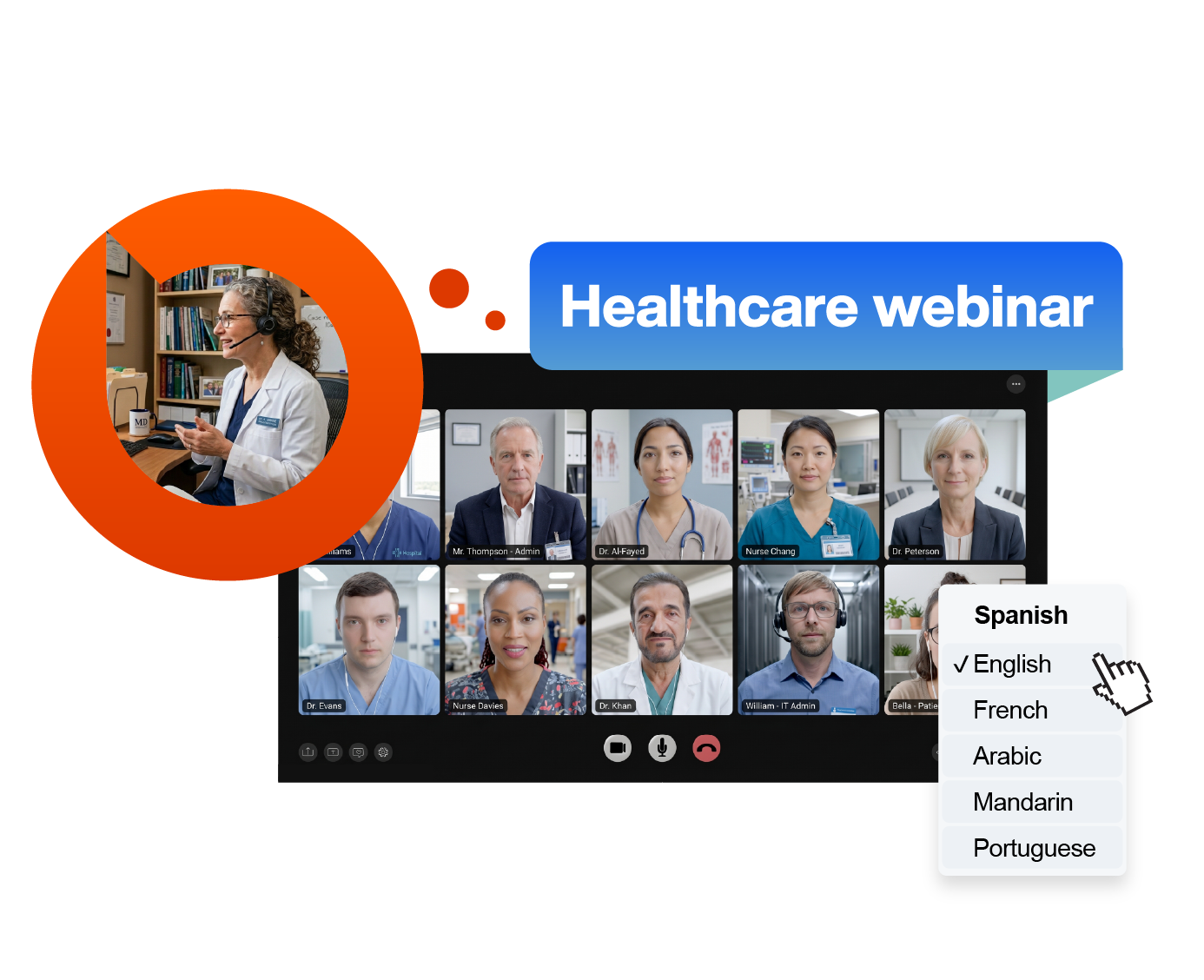 Virtual healthcare webinar showing doctors, nurses, and language options for multilingual interpretation.