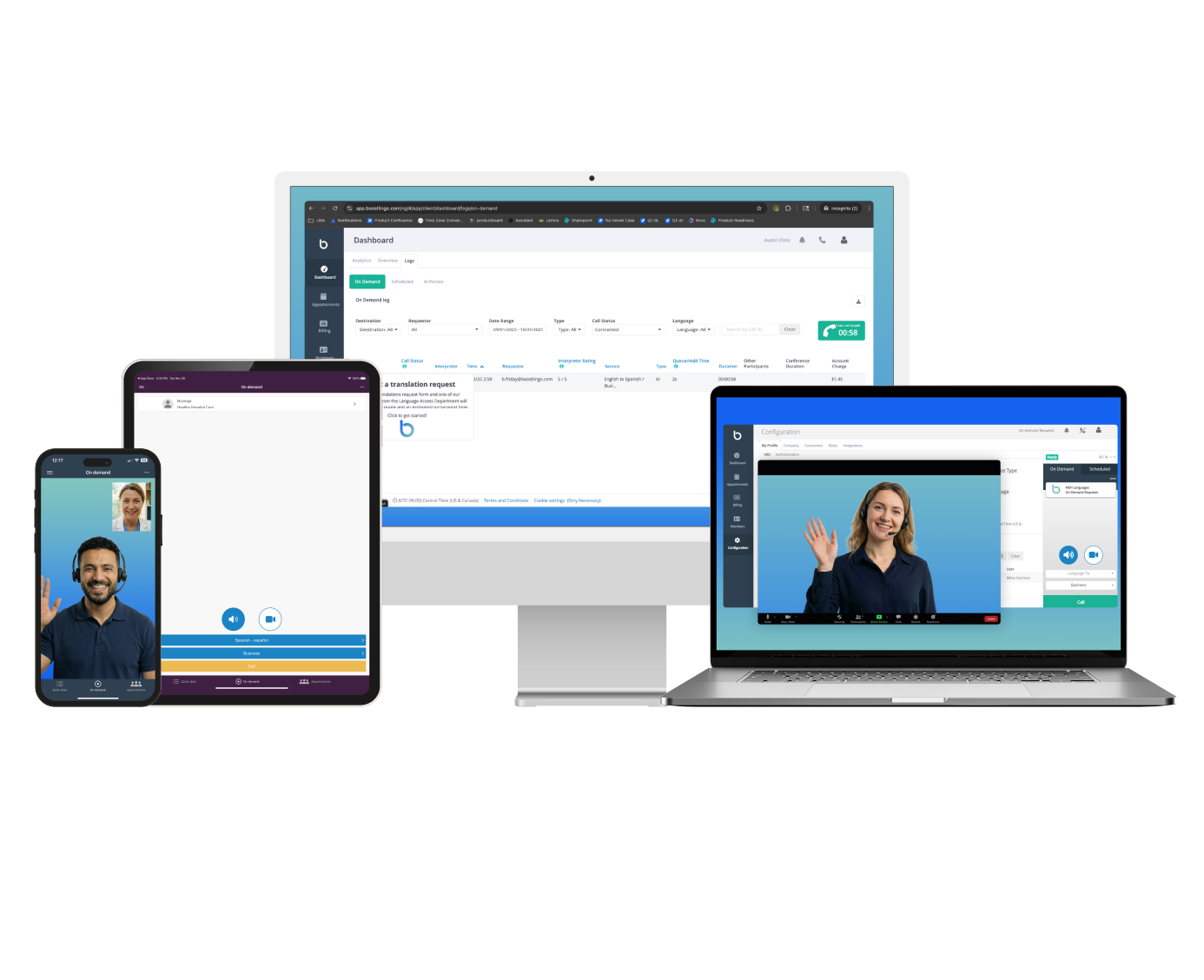 Interpreter services on any device, including phone, tablet, desktop, and laptop access for on-demand video and audio interpreting.