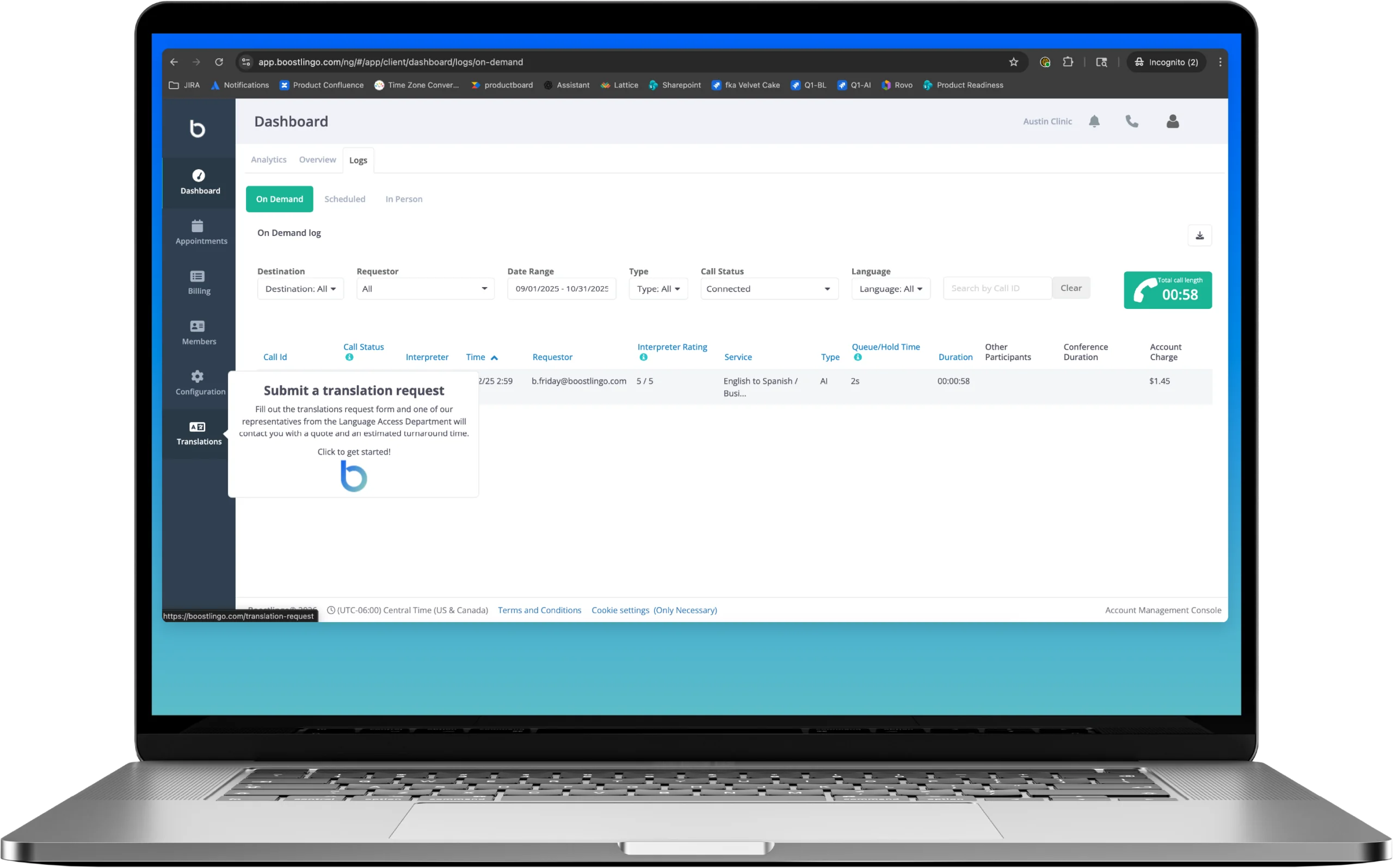 Boostlingo dashboard showing on-demand interpretation call logs, language filters, interpreter ratings, and a prompt to submit a translation request.