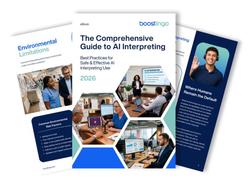 Boostlingo AI interpreting implementation guide eBook cover with preview pages about best practices, environmental limits, and human interpreter use.