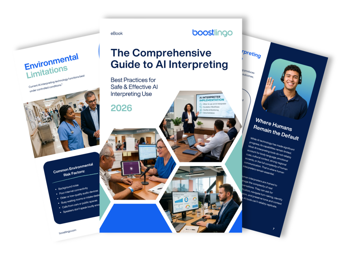Boostlingo AI interpreting implementation guide eBook cover with preview pages about best practices, environmental limits, and human interpreter use.