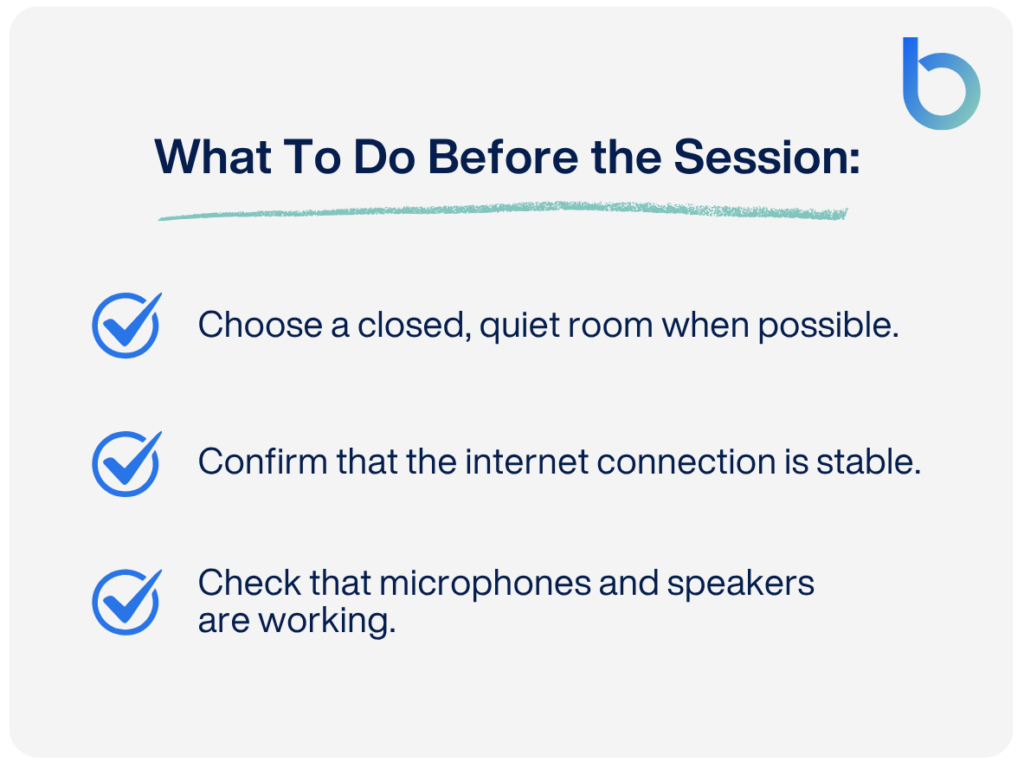 Pre-session checklist for AI interpreting, including choosing a quiet room, confirming a stable internet connection, and checking microphones and speakers.