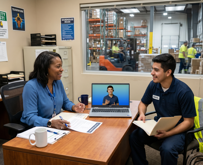 Business document translation services help employees understand workplace forms with support from a video language interpreter