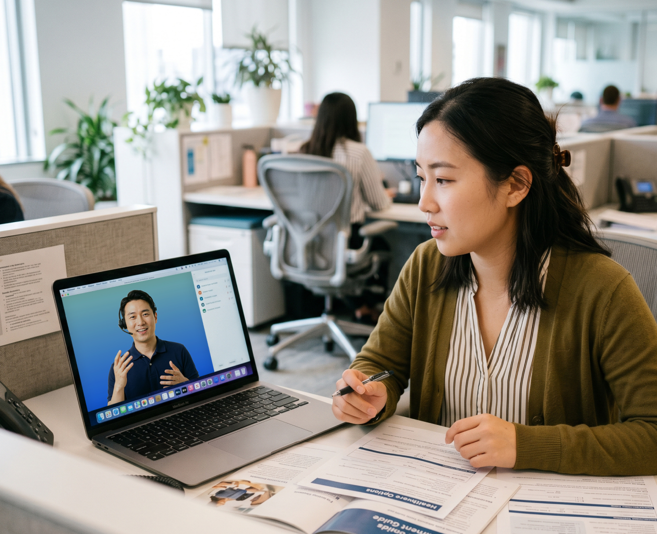 Business professional uses on-demand video interpretation services to support multilingual customer and employee conversations