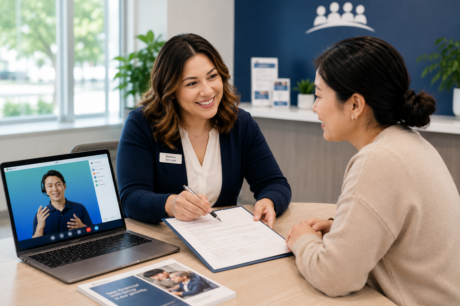 Credit union staff member helps a Korean-speaking customer open an account with support from financial translation services on a video interpreter platform.