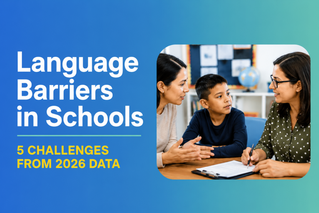 Language barriers in schools report thumbnail showing a parent, student, and educator discussing communication challenges