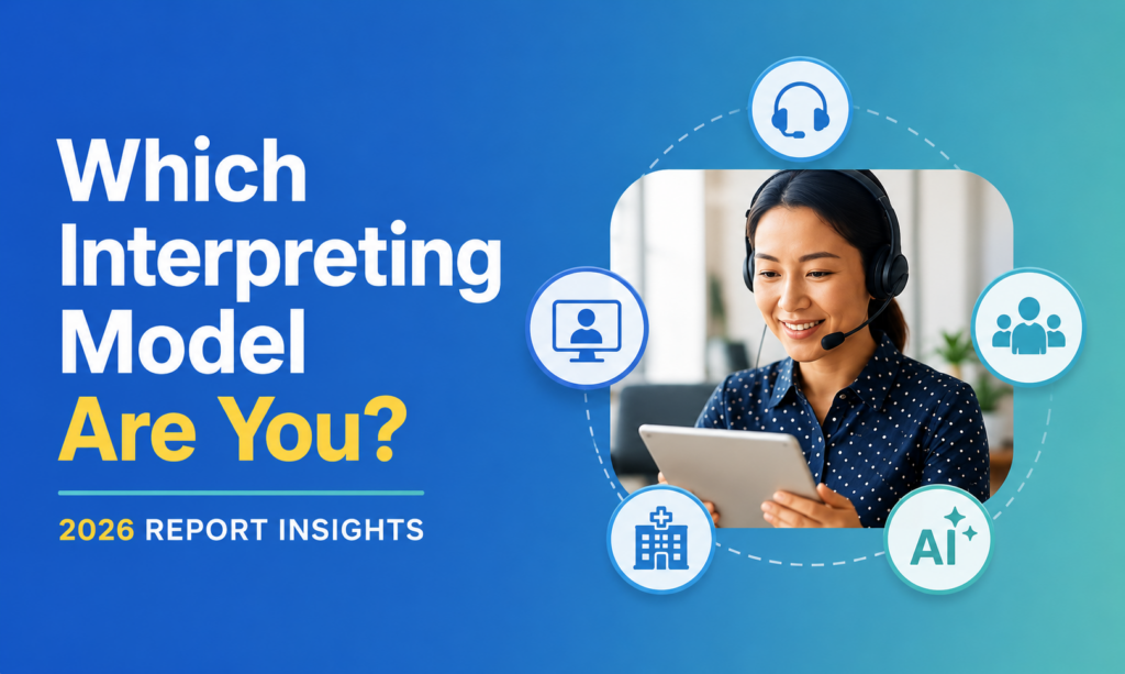 Thumbnail graphic reading “Which Interpreting Model Are You?” with an interpreter using a tablet and icons for video, onsite, staff, AI, and remote interpreting models.