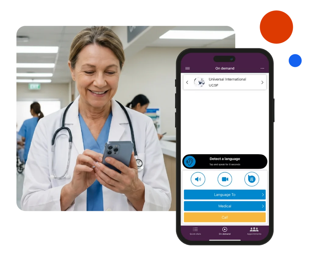 Doctor using Boostlingo AI medical interpreter app for on-demand healthcare language interpretation