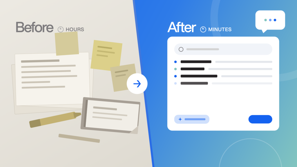 Before-and-after illustration showing AI interpreter tools turning a slow, manual terminology workflow into a faster digital process.