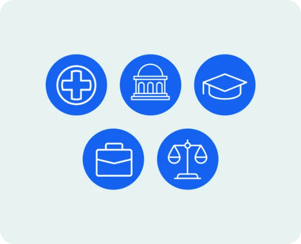 Icons representing five industries served by on-demand interpreting: healthcare, government, education, business, and legal.