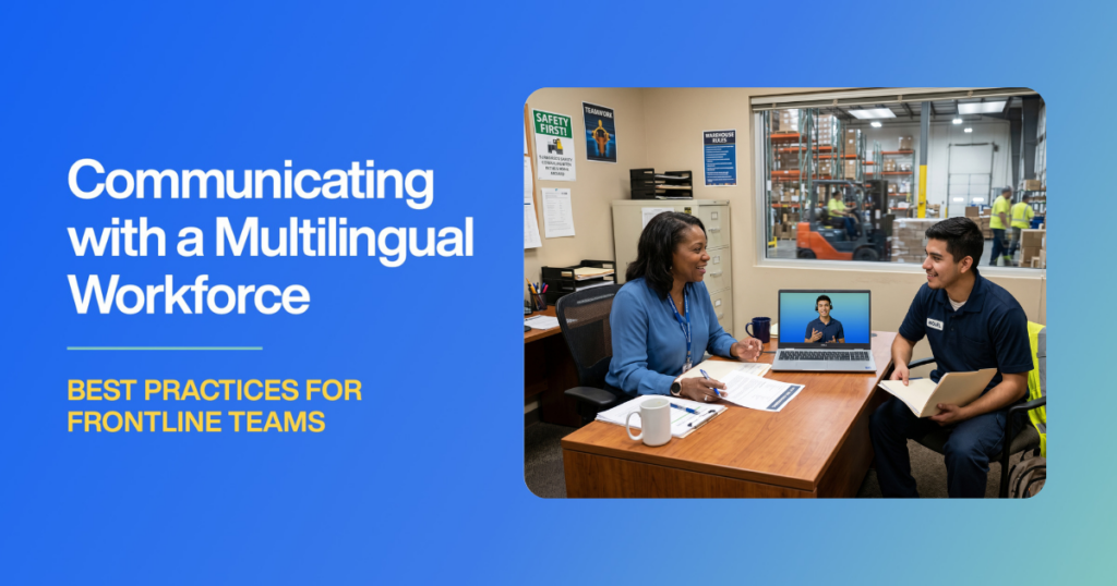 Illustration of an HR manager and frontline warehouse employee having an on-demand video interpreting conversation, for a blog on best practices for communicating with a multilingual workforce.