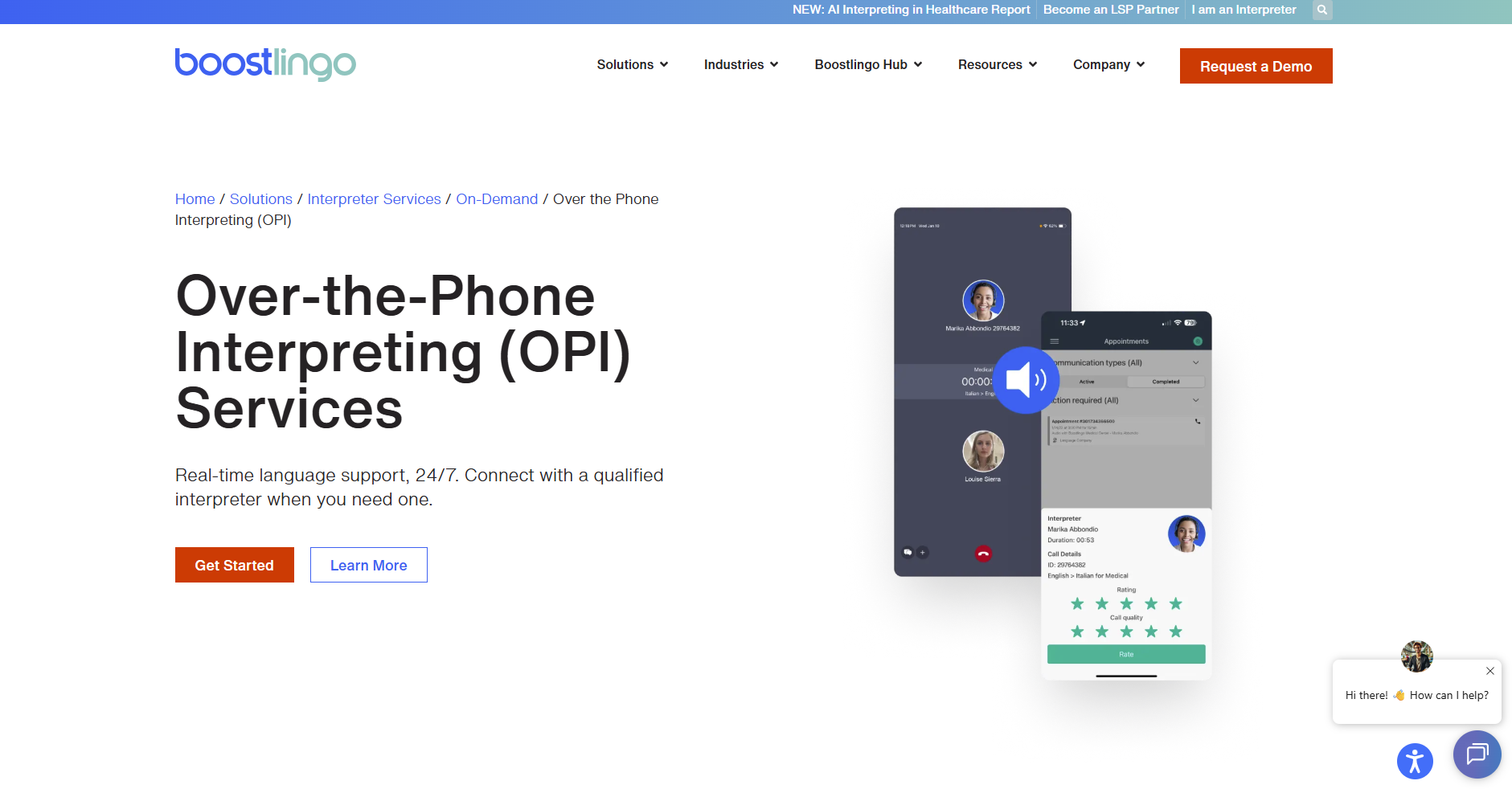 Boostlingo's over the phone interpreting solution landing page