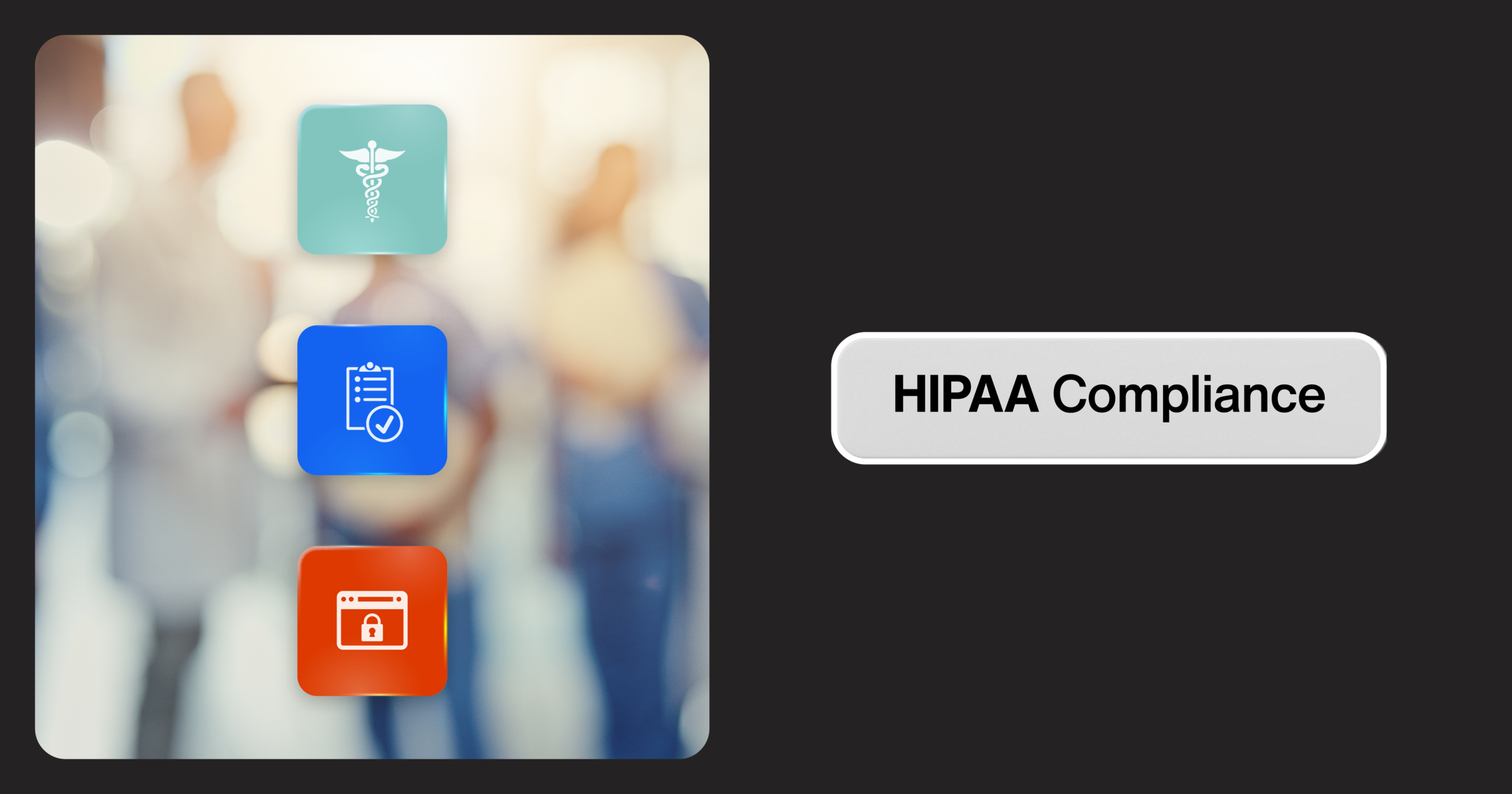 HIPAA-compliant medical translation and interpreting icons — caduceus, compliance checklist, and secure data lock, representing PHI protection in healthcare interpreting services